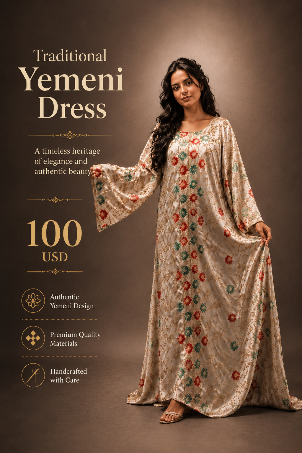 Cream floral satin traditional Yemeni dress