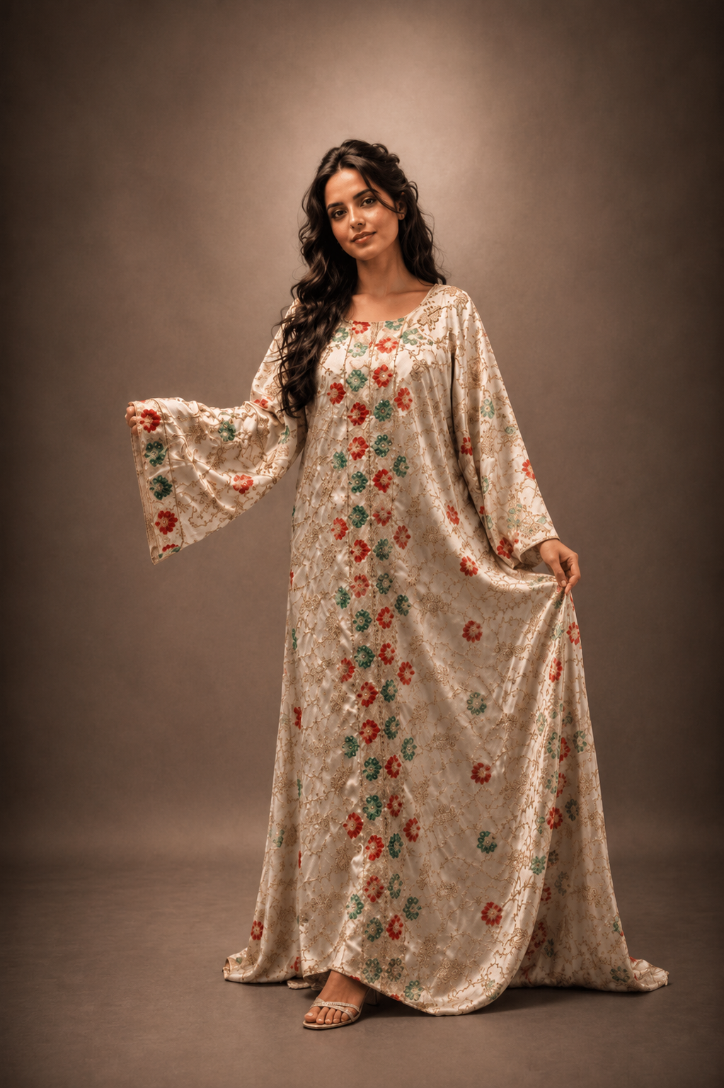 Cream floral satin Yemeni dress — full view