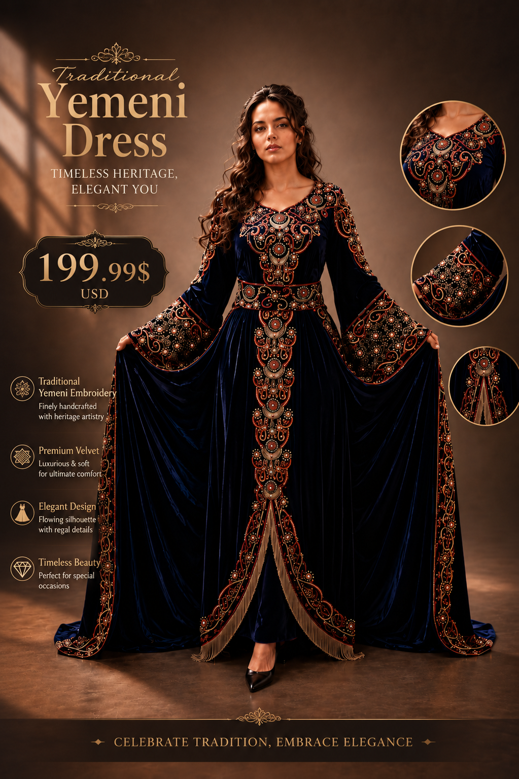 Midnight velvet traditional Yemeni dress with embroidery