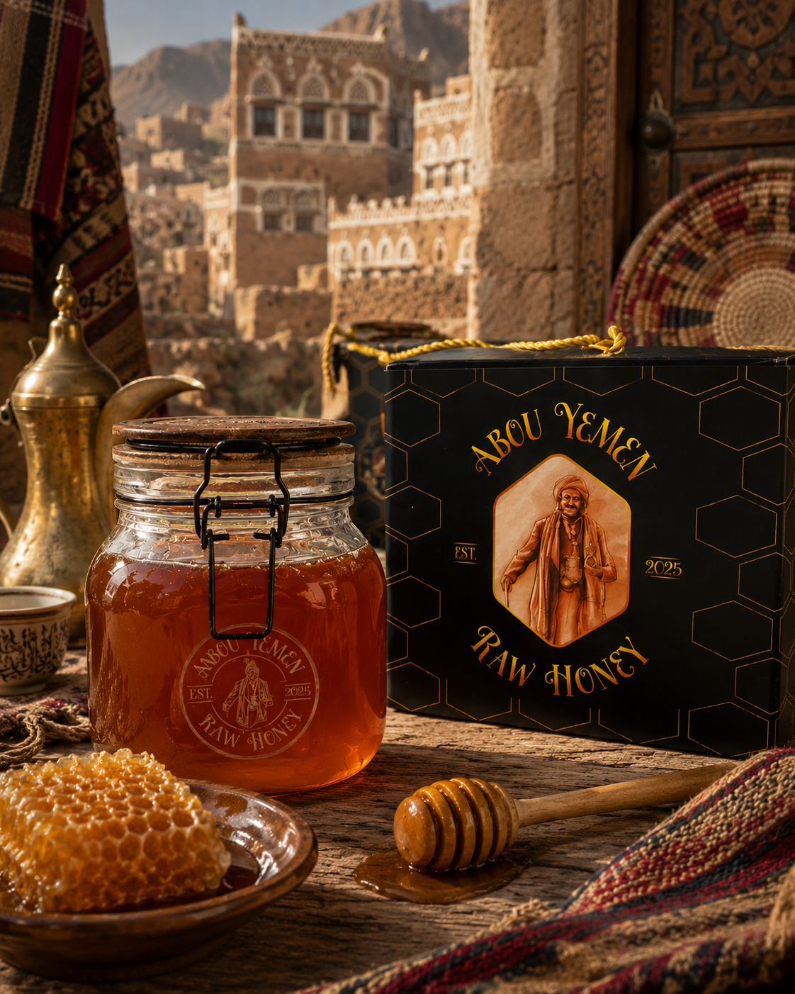 Abou Yemen Sidr honey with old Sana'a in the background