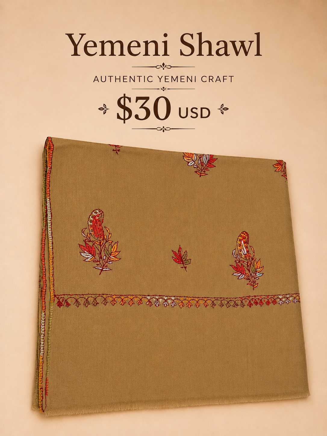 Tan Yemeni shawl with autumn floral embroidery