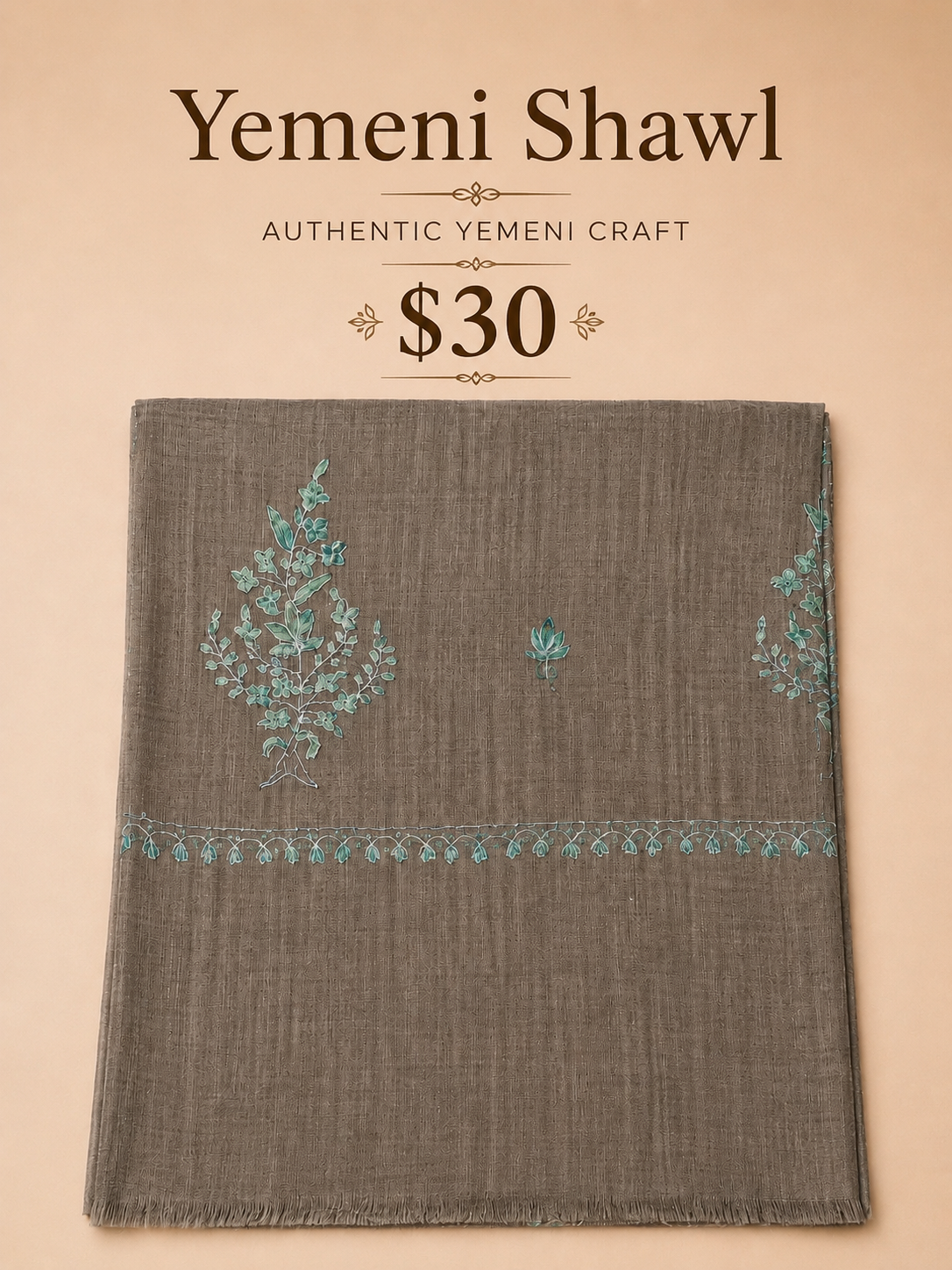 Taupe Yemeni shawl with teal floral embroidery